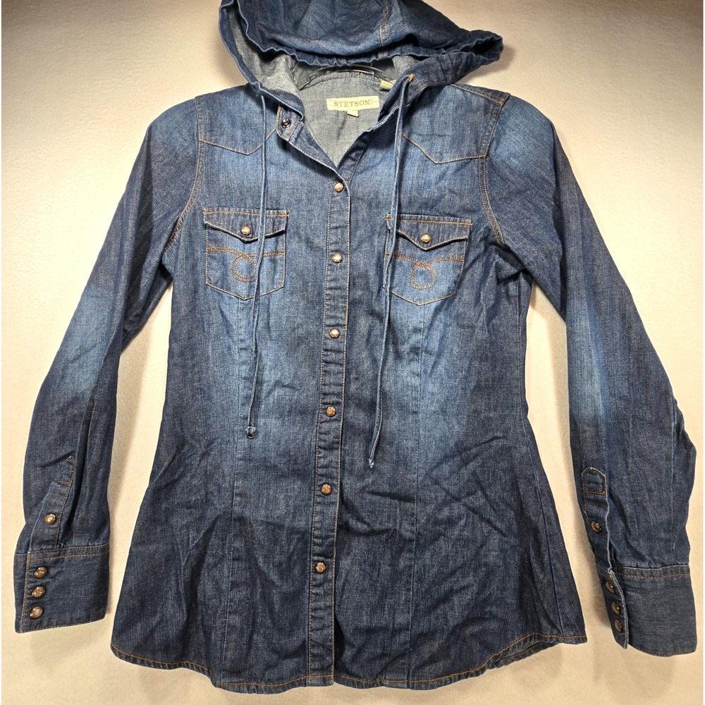 Stetson Womens Denim Pearl Snap Hooded Shirt Blue Western Long Sleeve Small